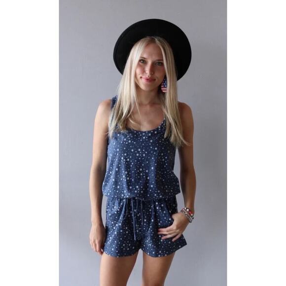 NWT Bobi Los Angeles Blue w/ White Stars Cotton Sleeveless Romper Sz S - Picture 1 of 6